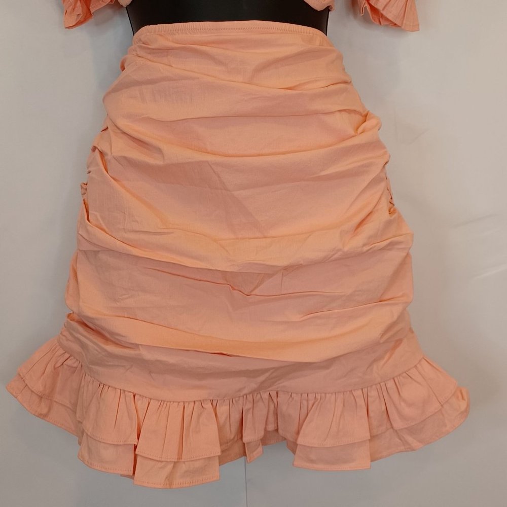 Privy WMN'S Sz L Ruched Smock 2 Piece Skirt Set Crop Puff Sleeve Ruffle Stretch - Picture 6 of 12